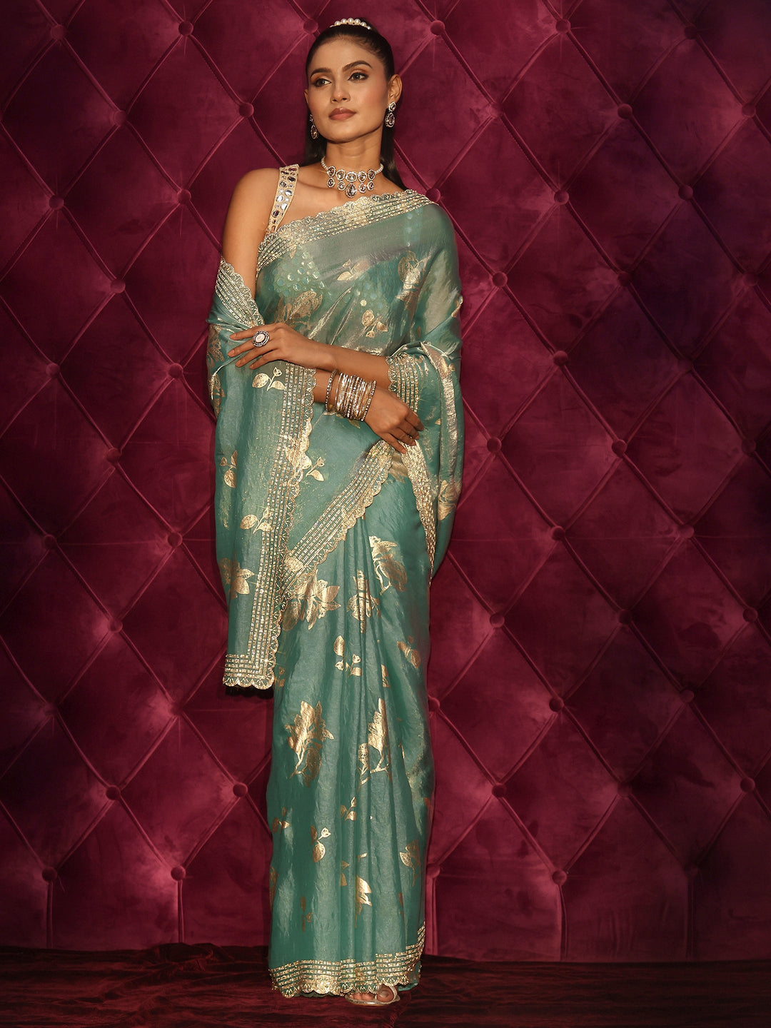 Libas Blue Floral Printed Tissue Saree with Embellished Scalloped Border