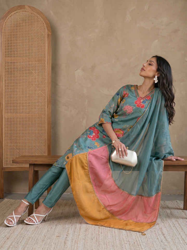 Libas Blue Floral Printed Tissue Straight Suit Set