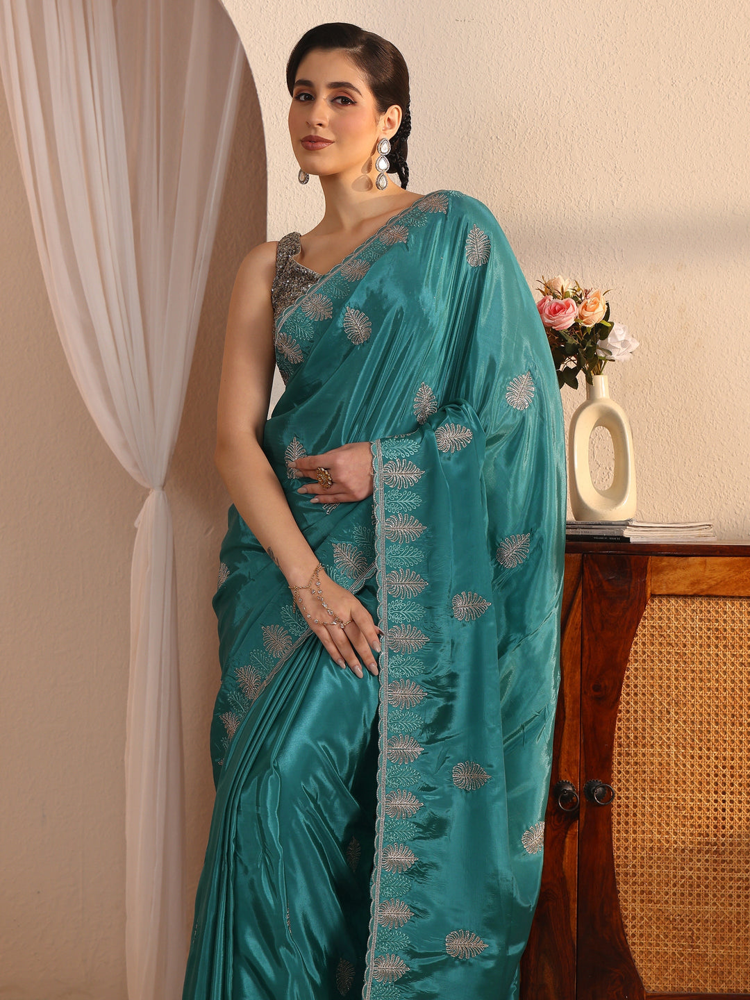 Libas Blue Floral Stone Work Embellished Satin Saree with Scalloped Border