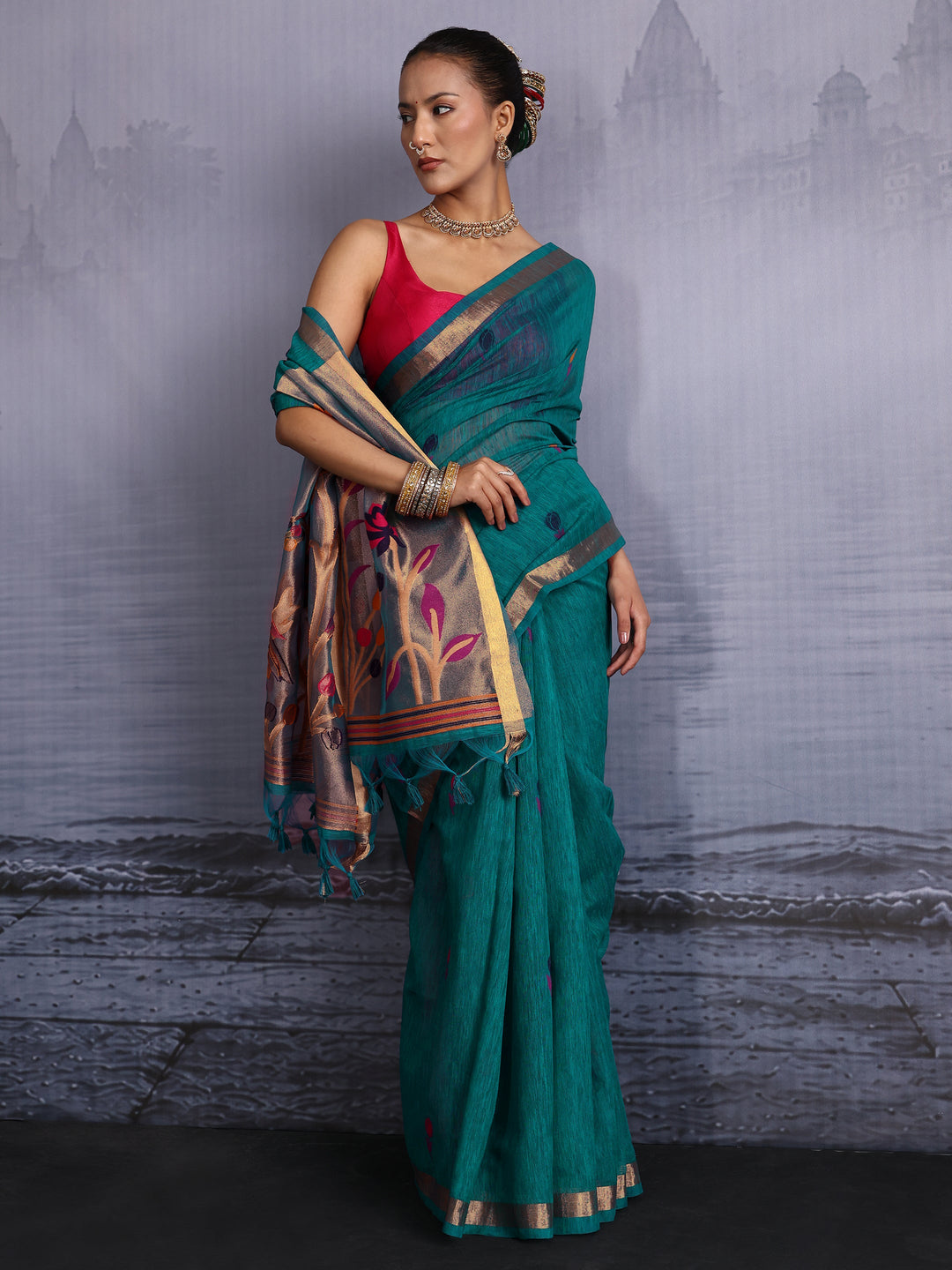Libas Blue Floral Woven Design Cotton Blend Saree