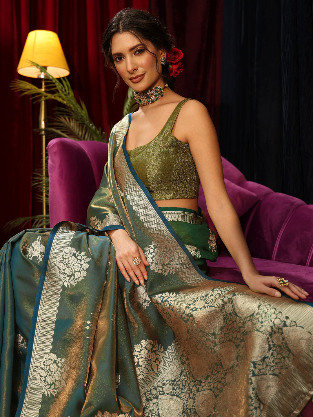 Libas Blue Floral Woven Design Satin Saree