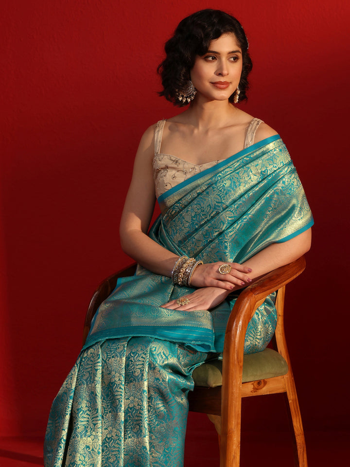 Libas Blue Floral Woven Design Satin Saree