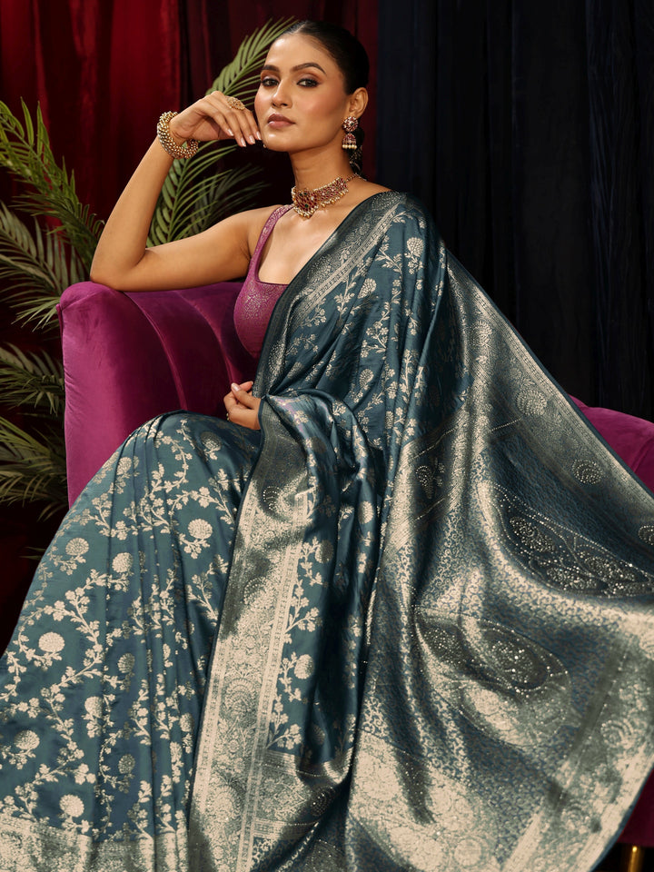 Libas Blue Floral Woven Design Silk Blend Saree