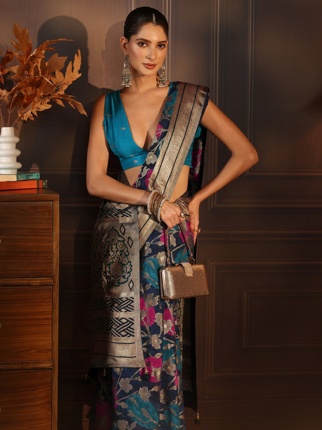 Libas Blue Floral Woven Design Silk Blend Saree