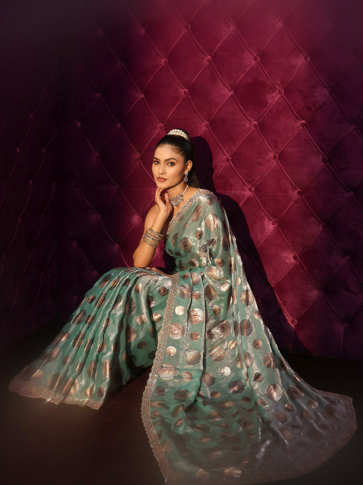 Libas Blue Foil Printed Tissue Saree with Embellished Border