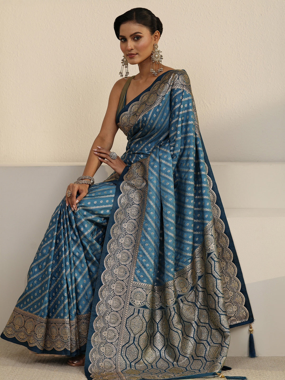 Libas Blue Geometric Pallu Design Silk Blend Saree