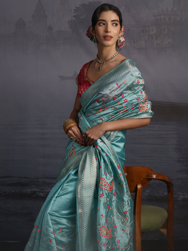 Libas Blue Paisley Embroidered Silk Blend Saree