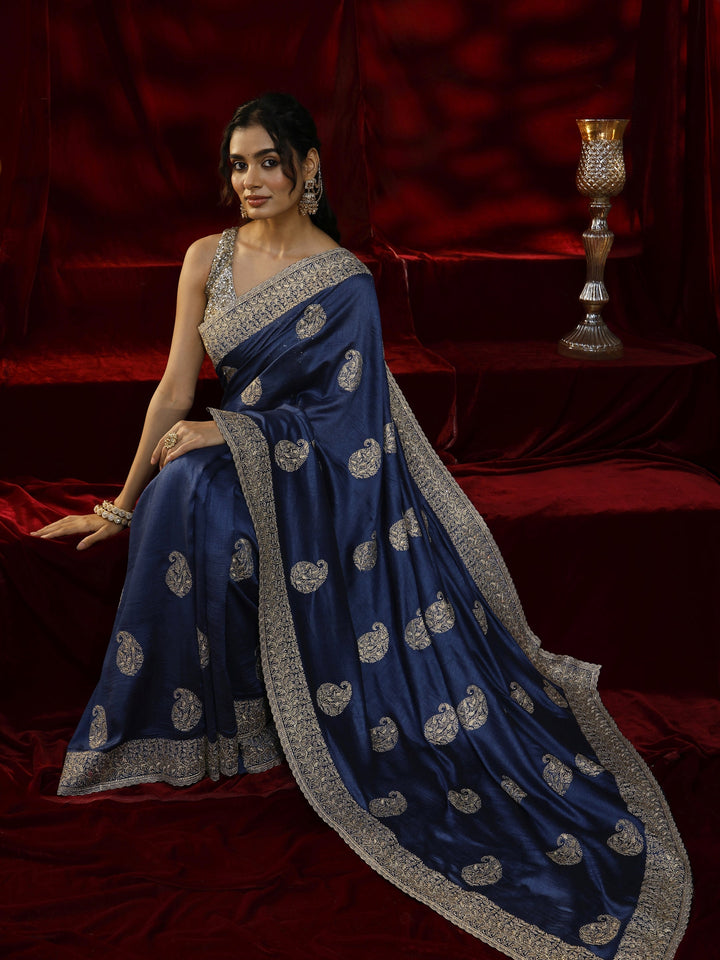 Libas Blue Paisley Embroidered Silk Blend Saree