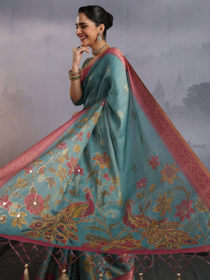 Libas Blue Peacock Printed Silk Blend Tassel Saree