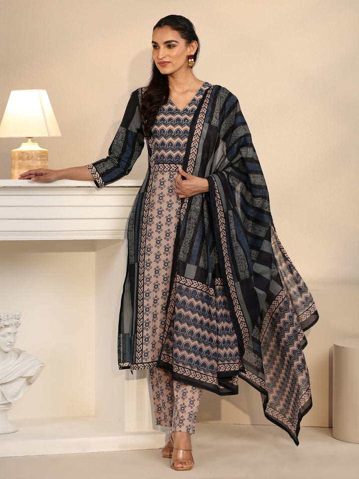 Libas Blue Printed Cotton Straight Suit Set