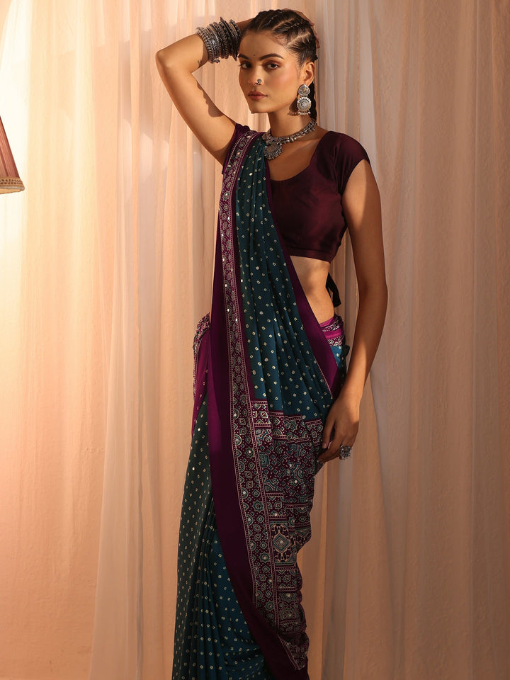 Libas Blue Printed Mirror Work Satin Saree