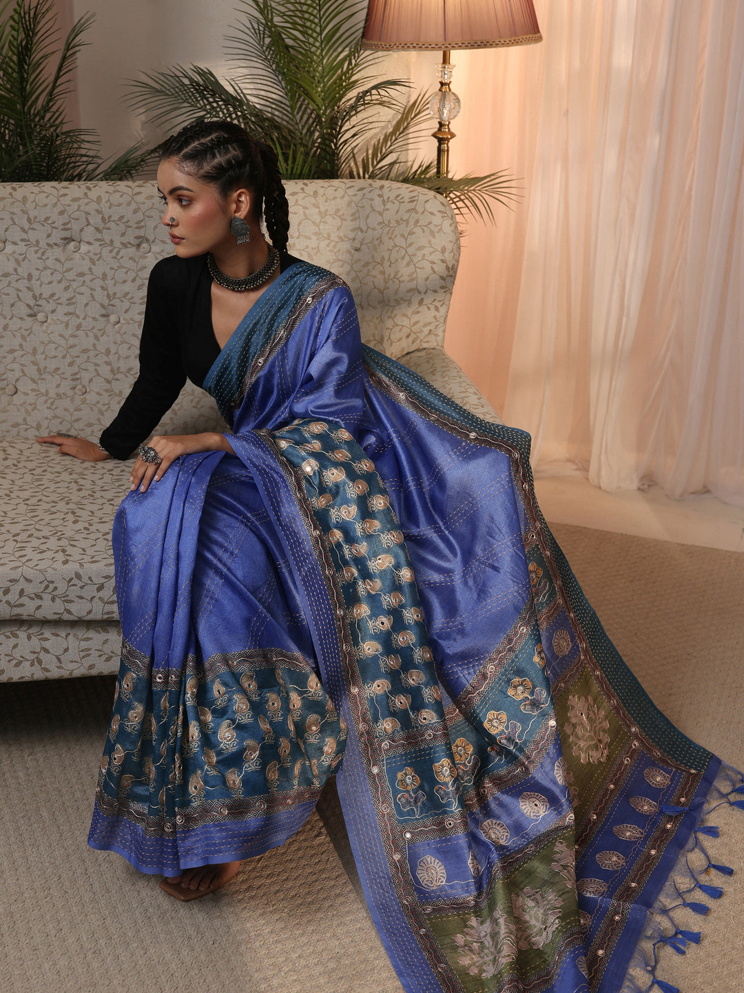Libas Blue Printed Silk Blend Tassel Saree with Mirror Work