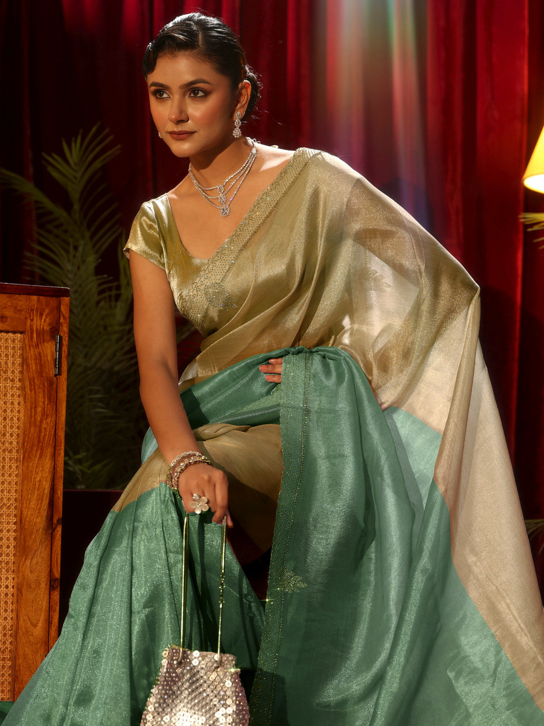 Libas Blue Solid Tissue Saree