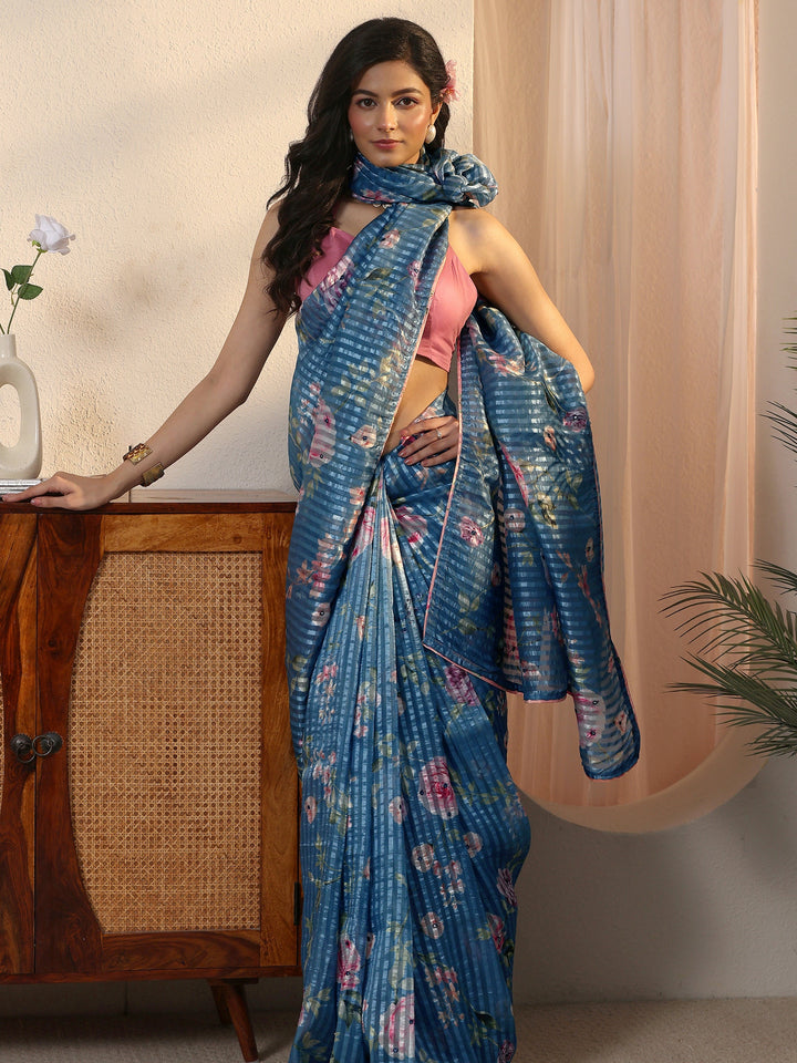 Libas Blue Striped Floral Printed Organza Saree