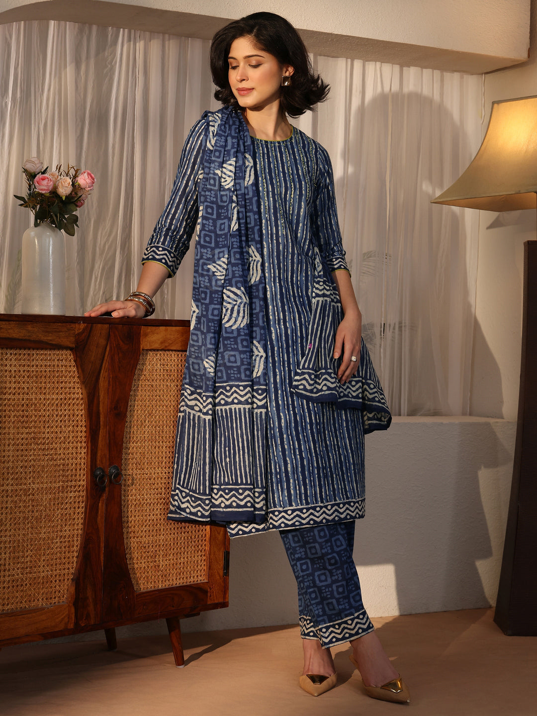Libas Blue Striped Printed Cotton Straight Suit Set