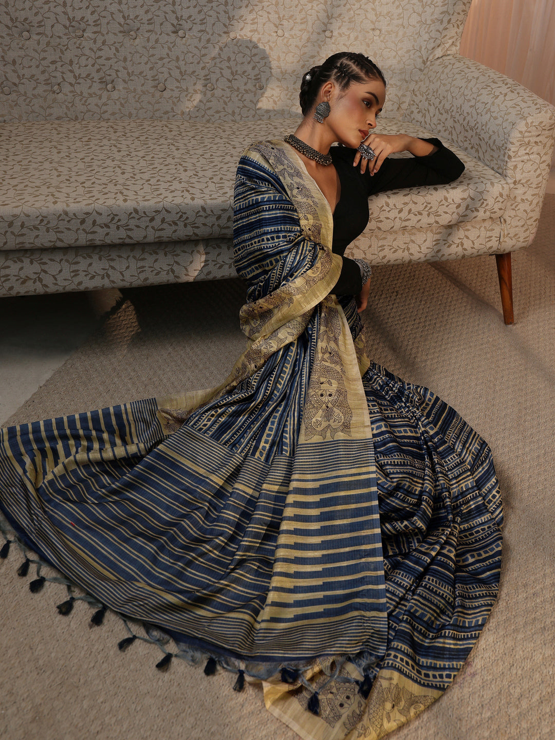 Libas Blue Striped Printed Silk Blend Tassel Saree with Madhubani Border