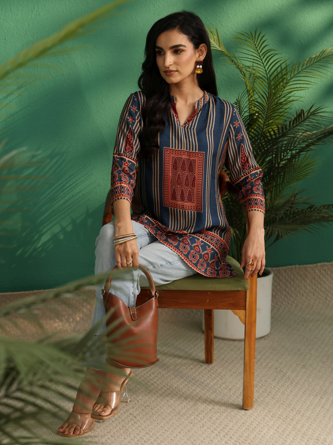 Libas Blue Striped Silk Blend Short Kurti