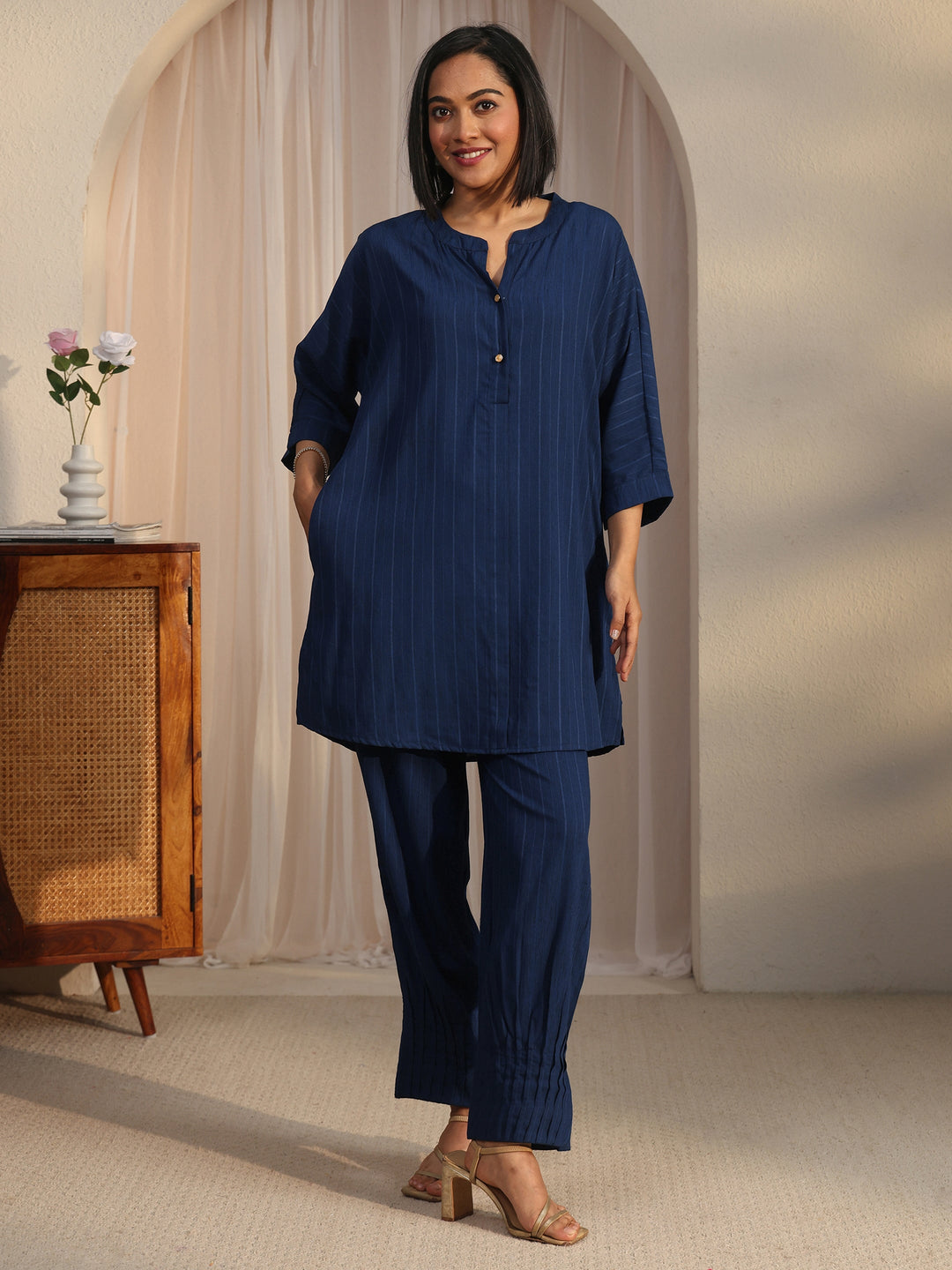 Libas Blue Striped Woven Design Rayon Co-Ord Set