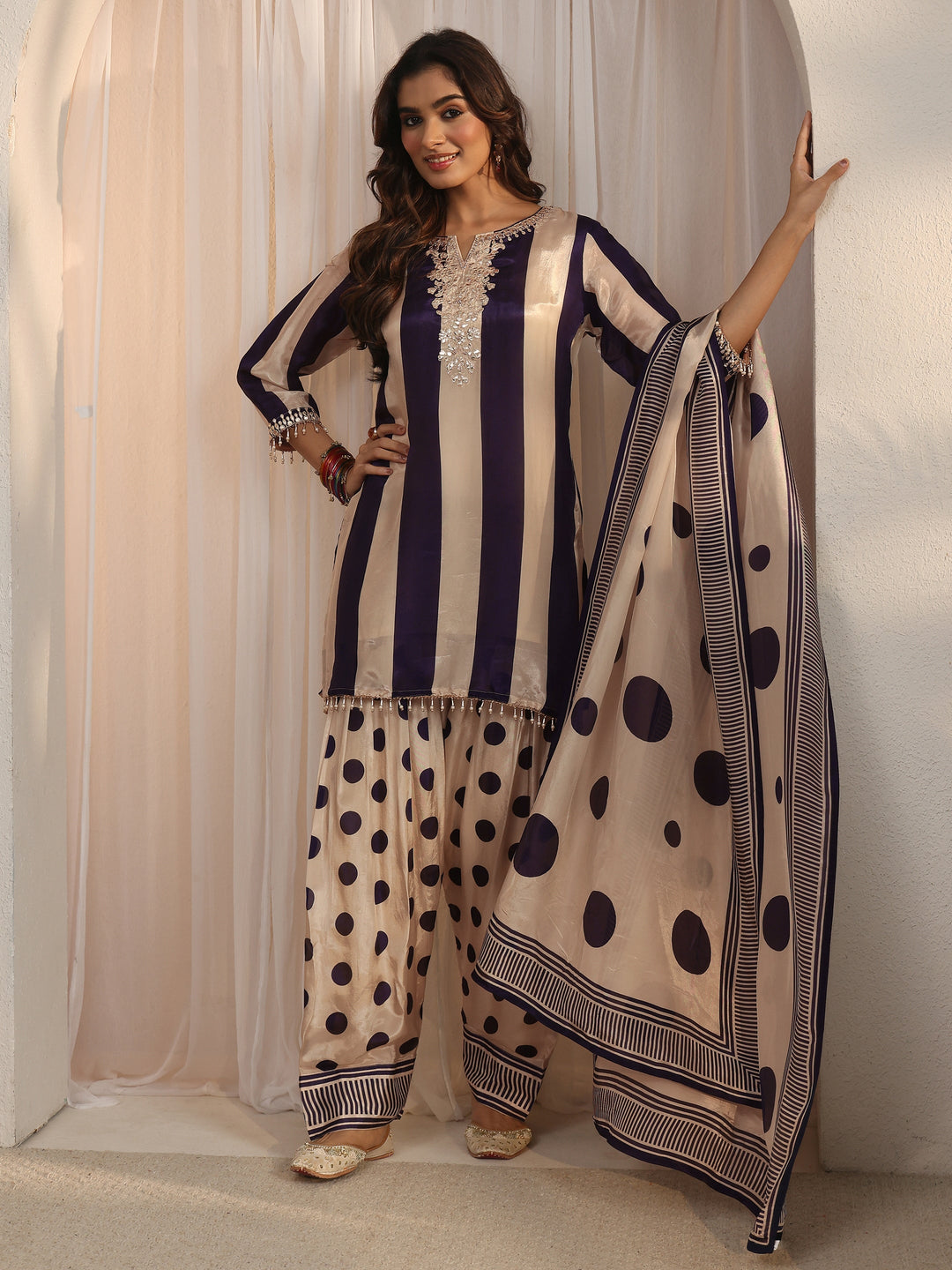 Libas Blue Striped and Polka Dot Organza Farshi Salwar Suit