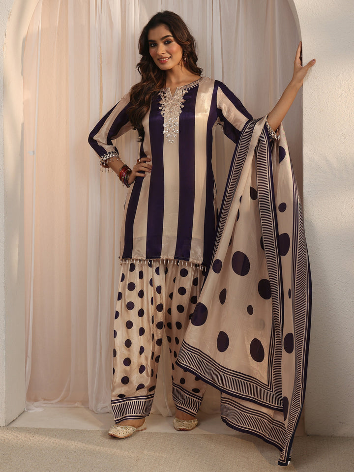 Libas Blue Striped and Polka Dot Organza Farshi Salwar Suit