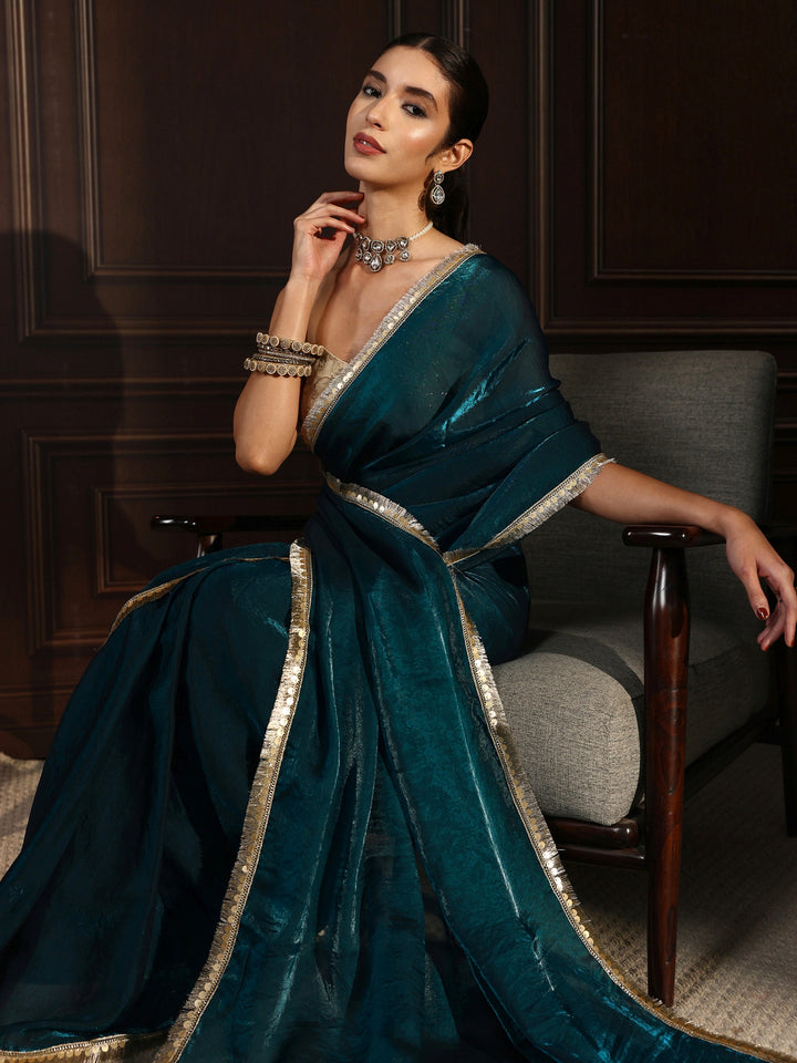 Libas Blue Tissue Saree with Gota Border