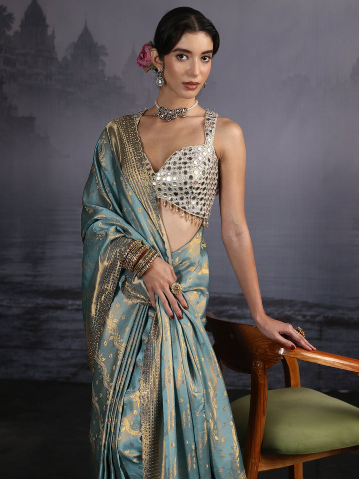 Libas Blue Woven Design Satin Saree with Embellished Pallu