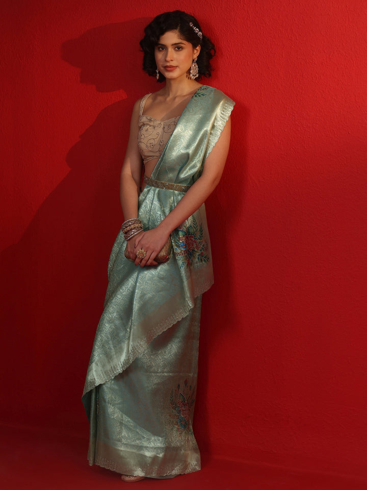 Libas Blue Woven Design Silk Blend Saree with Embellished Border