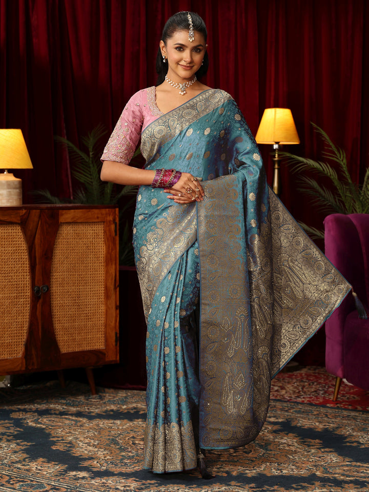 Libas Blue Woven Design Silk Blend Saree with Stone Work