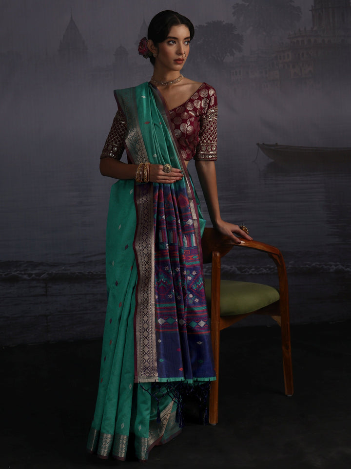 Libas Blue Woven Design Silk Blend Tassel Saree