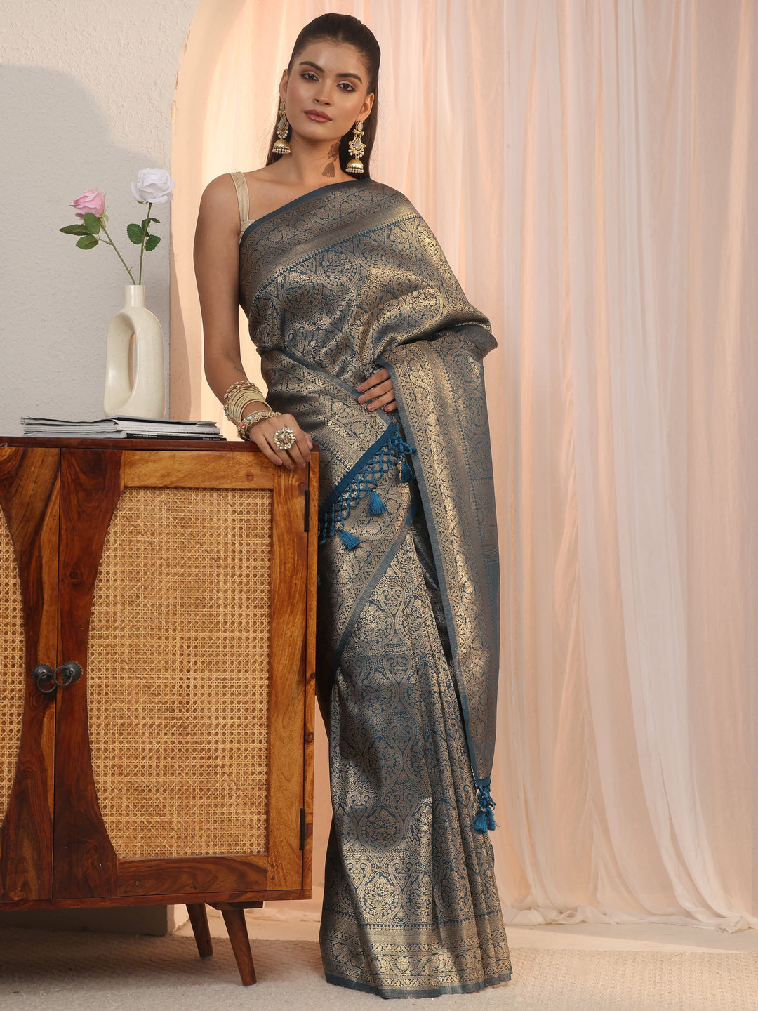 Libas Blue Woven Design Silk Blend Tassel Saree