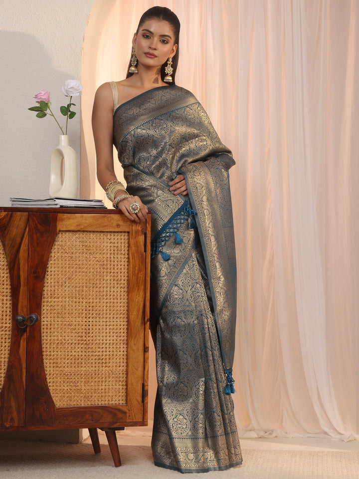 Libas Blue Woven Design Silk Blend Tassel Saree