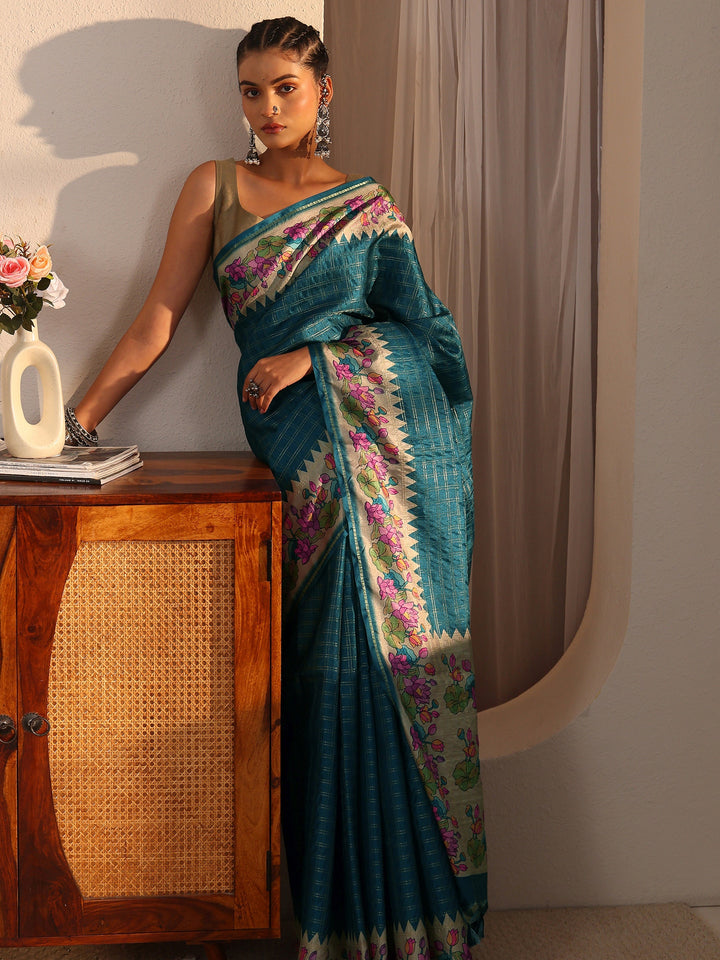 Libas Blue Woven Design Silk Blend Tassel Saree with Floral Border
