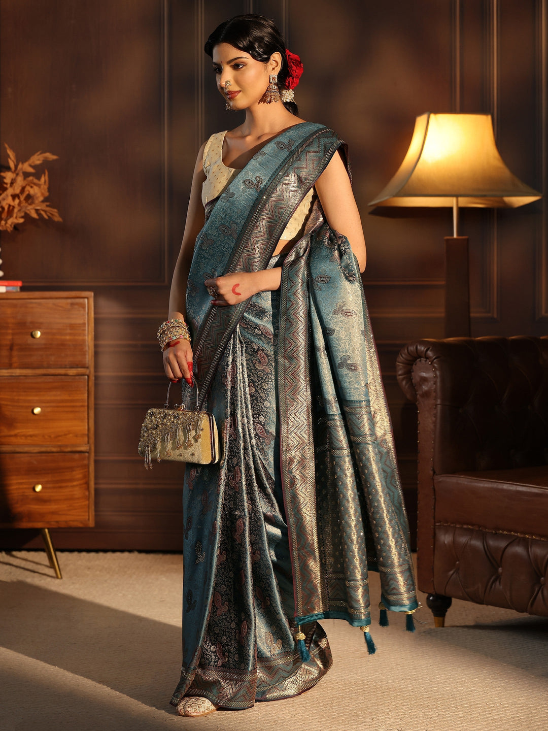 Libas Blue Woven Design Silk Blend Tassel Saree with Stone Work