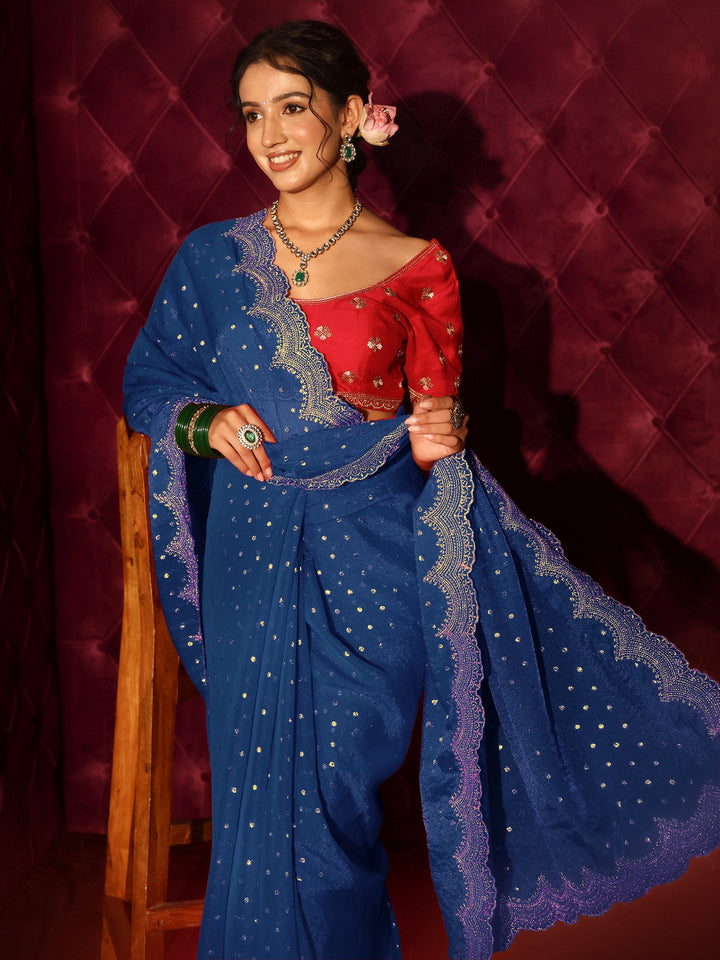 Libas Blue Woven Design Tissue Saree with Scalloped Border