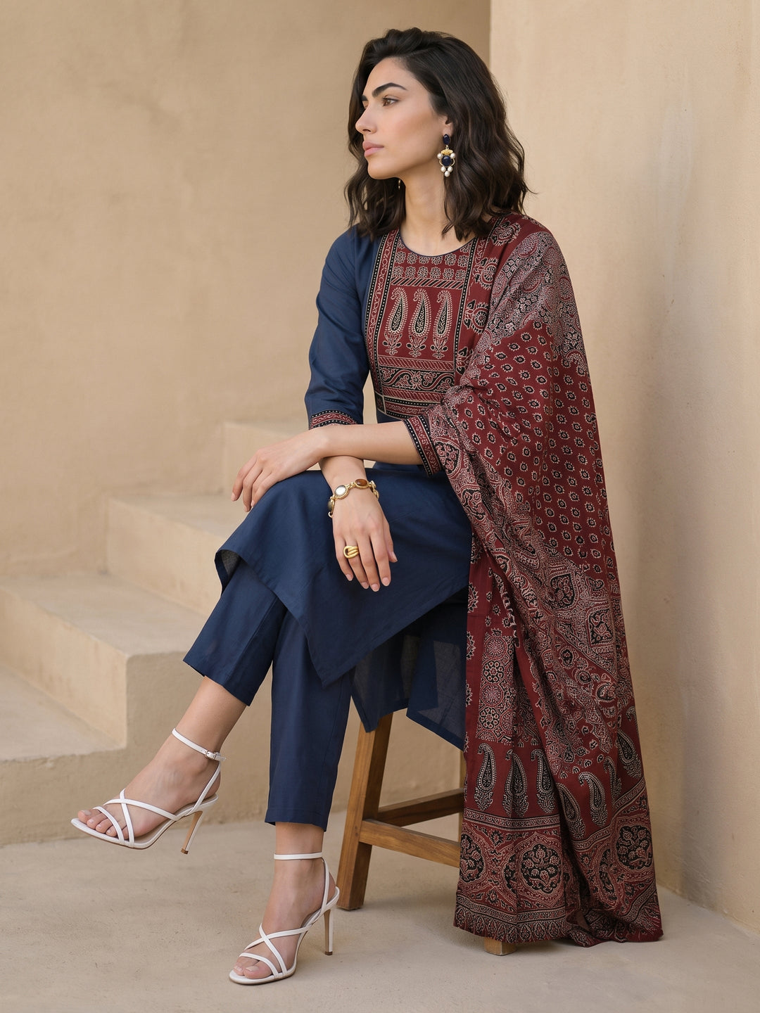 Libas Blue Yoke Design Ajrakh Cotton Straight Suit Set