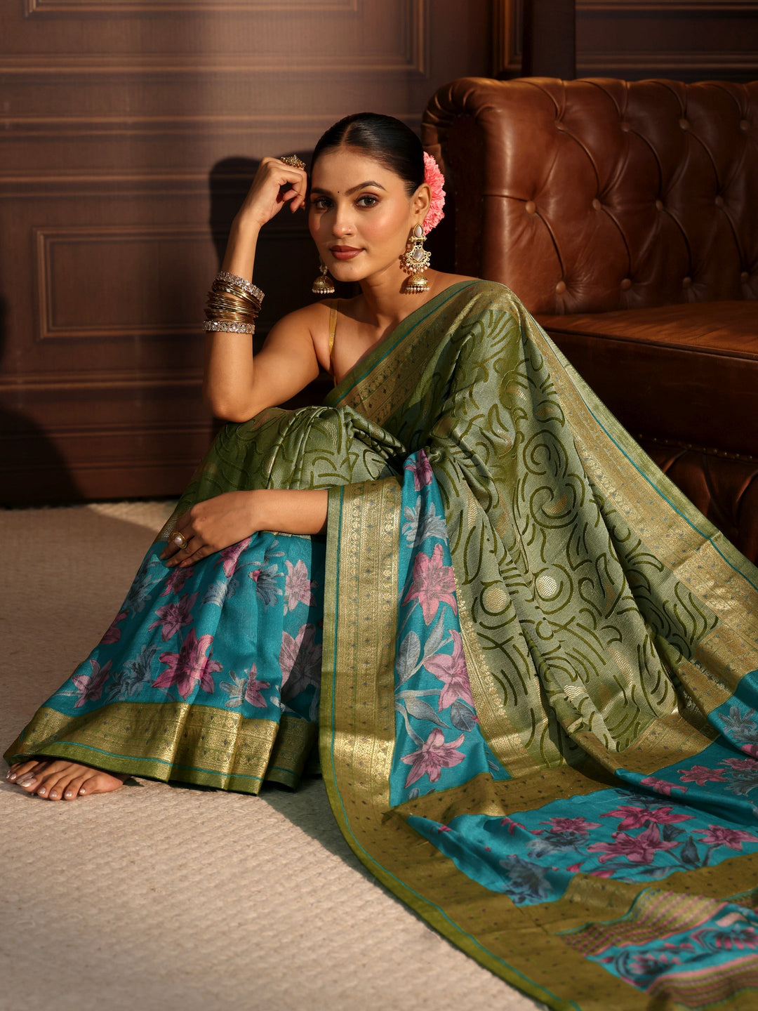 Libas Blue and Green Floral Woven Design Silk Blend Saree