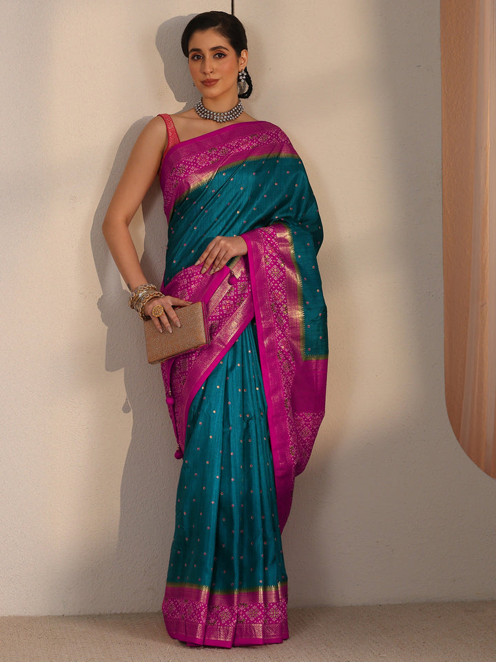 Libas Blue and Pink Foil Printed Silk Blend Saree
