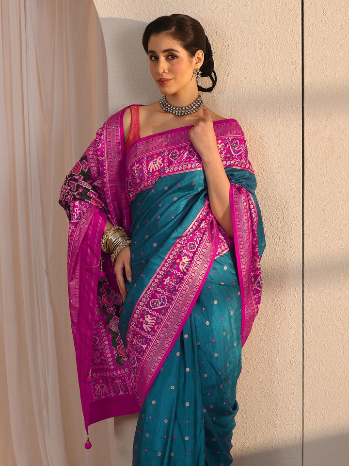 Libas Blue and Pink Patola Style Silk Blend Saree