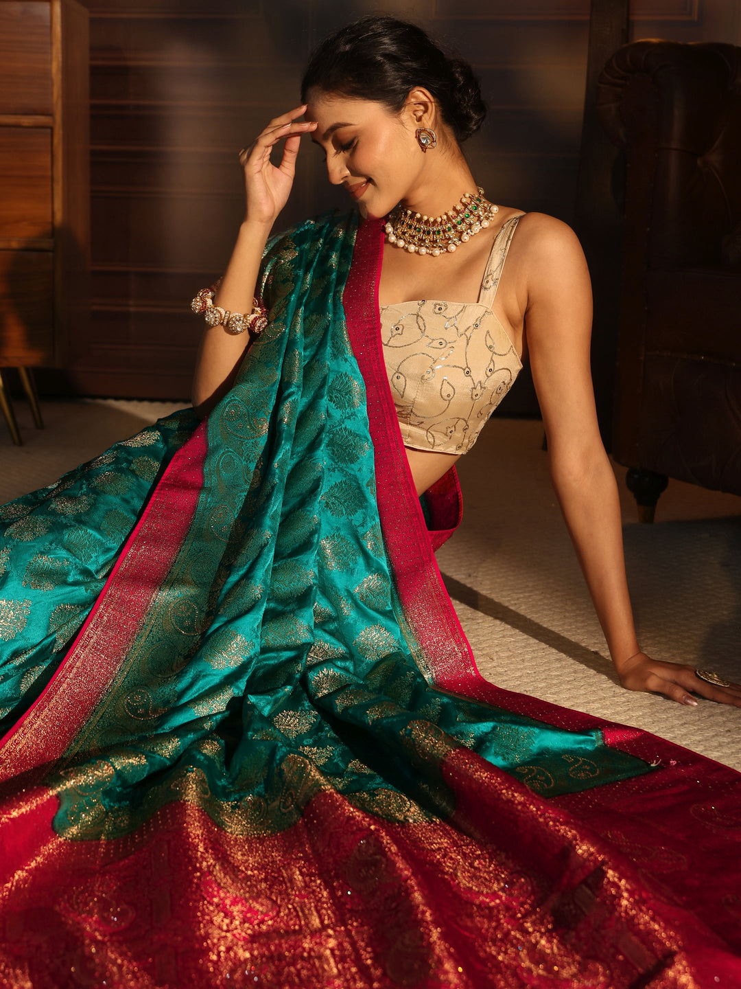 Libas Blue and Pink Woven Design Satin Saree
