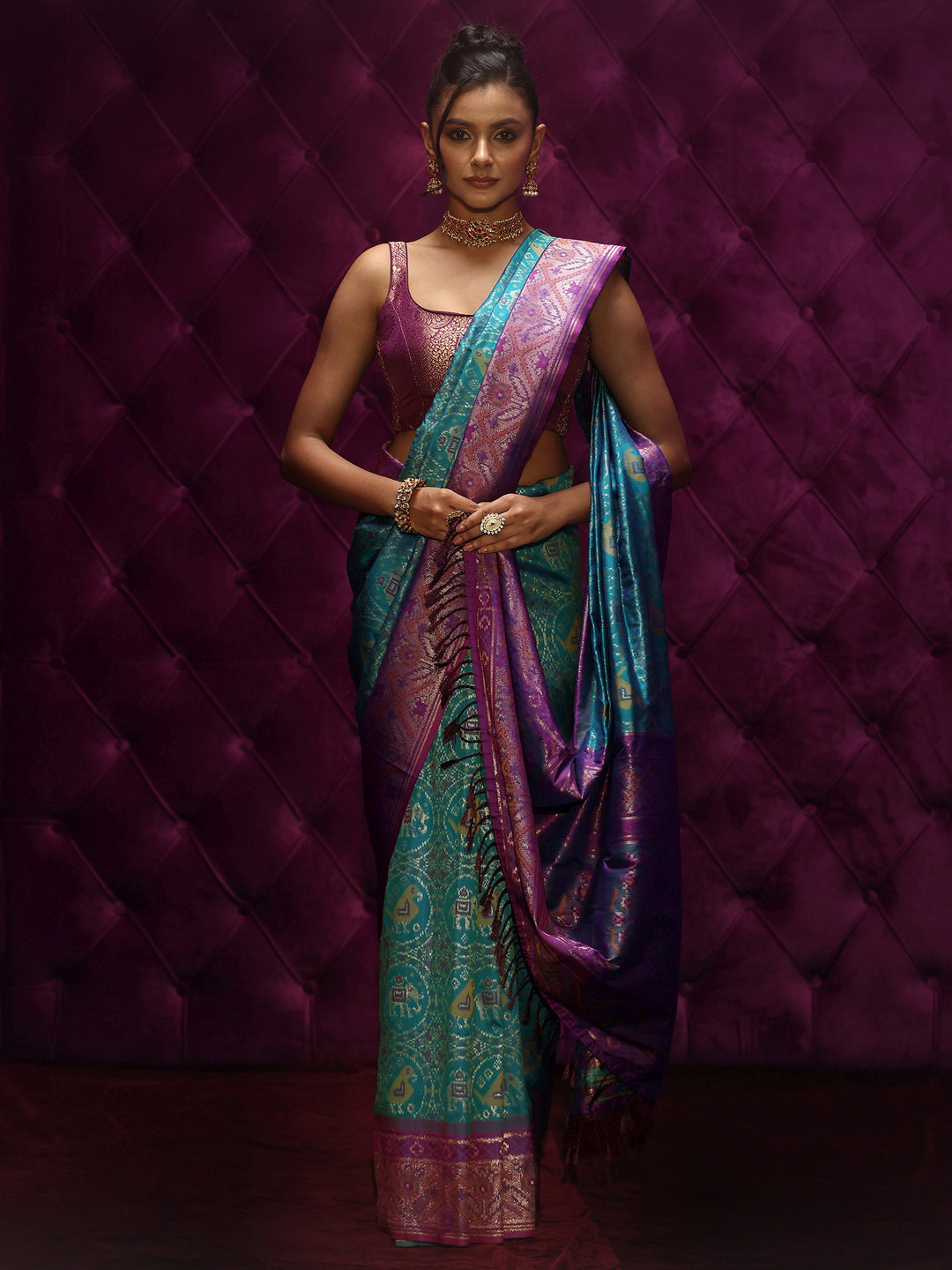Libas Blue and Purple Patola Silk Blend Saree