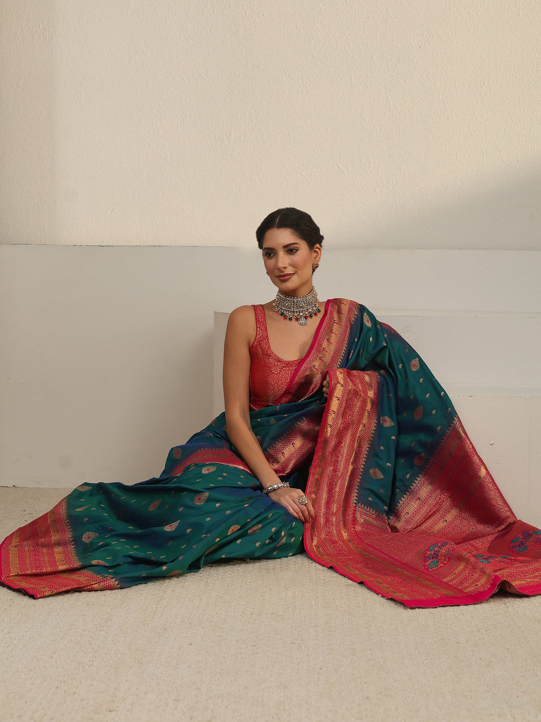Libas Blue and Red Woven Design Silk Blend Saree