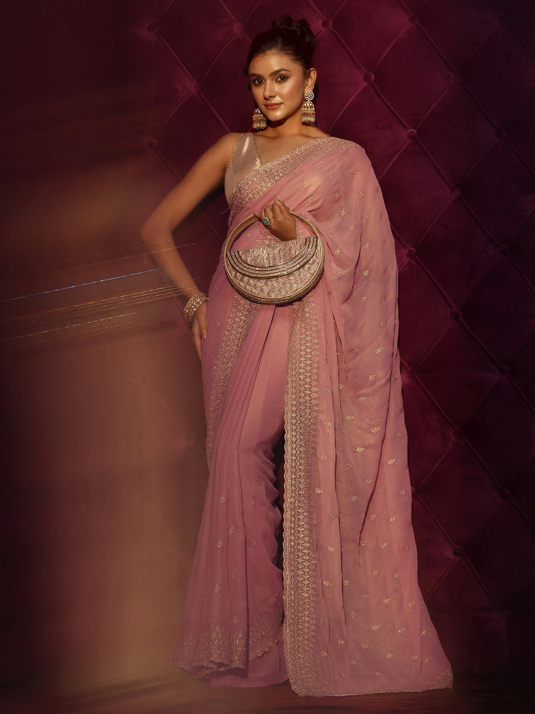 Libas Blush Pink Floral Embroidered Georgette Saree