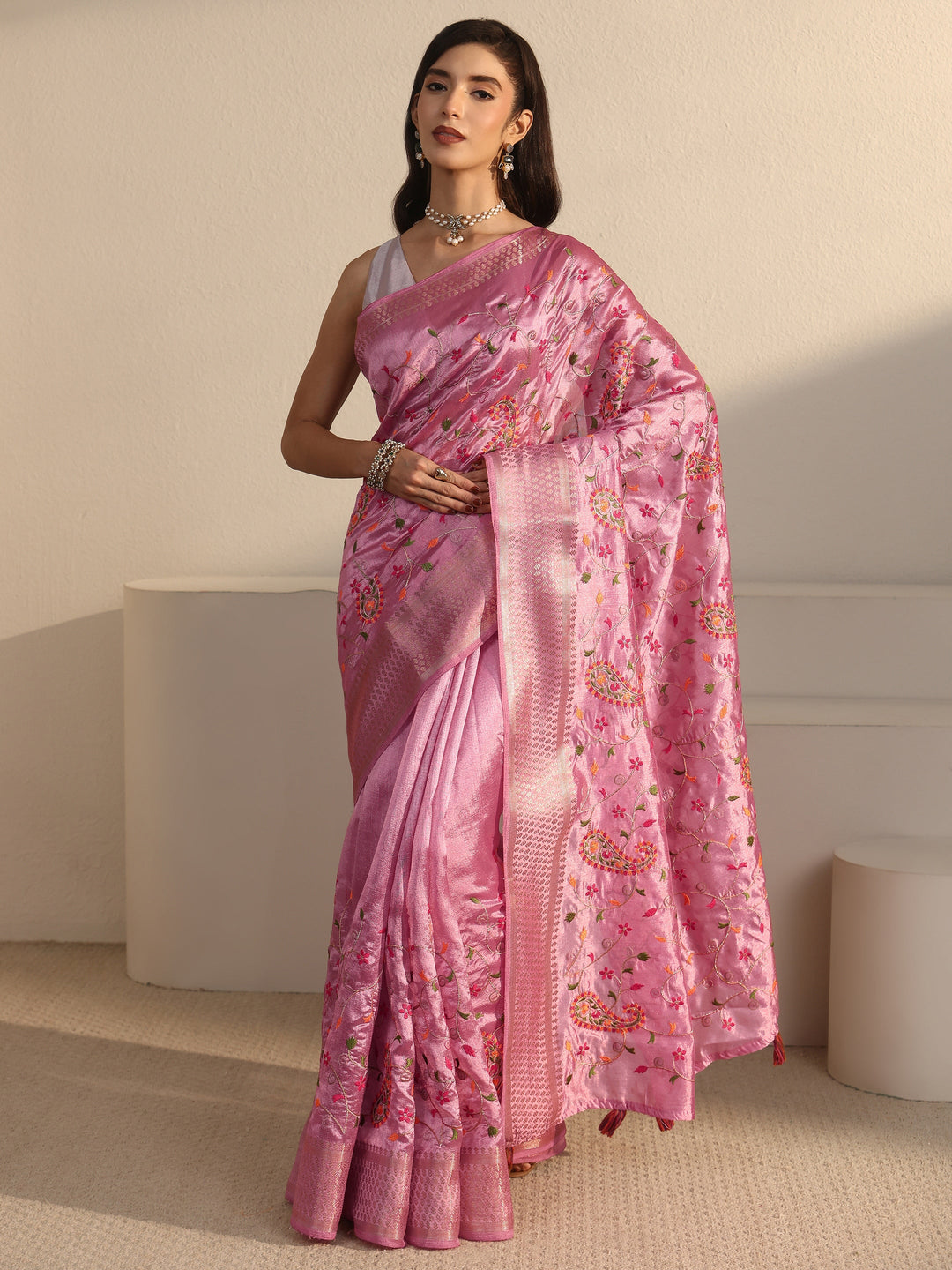 Libas Blush Pink Paisley Embroidered Silk Blend Tassel Saree