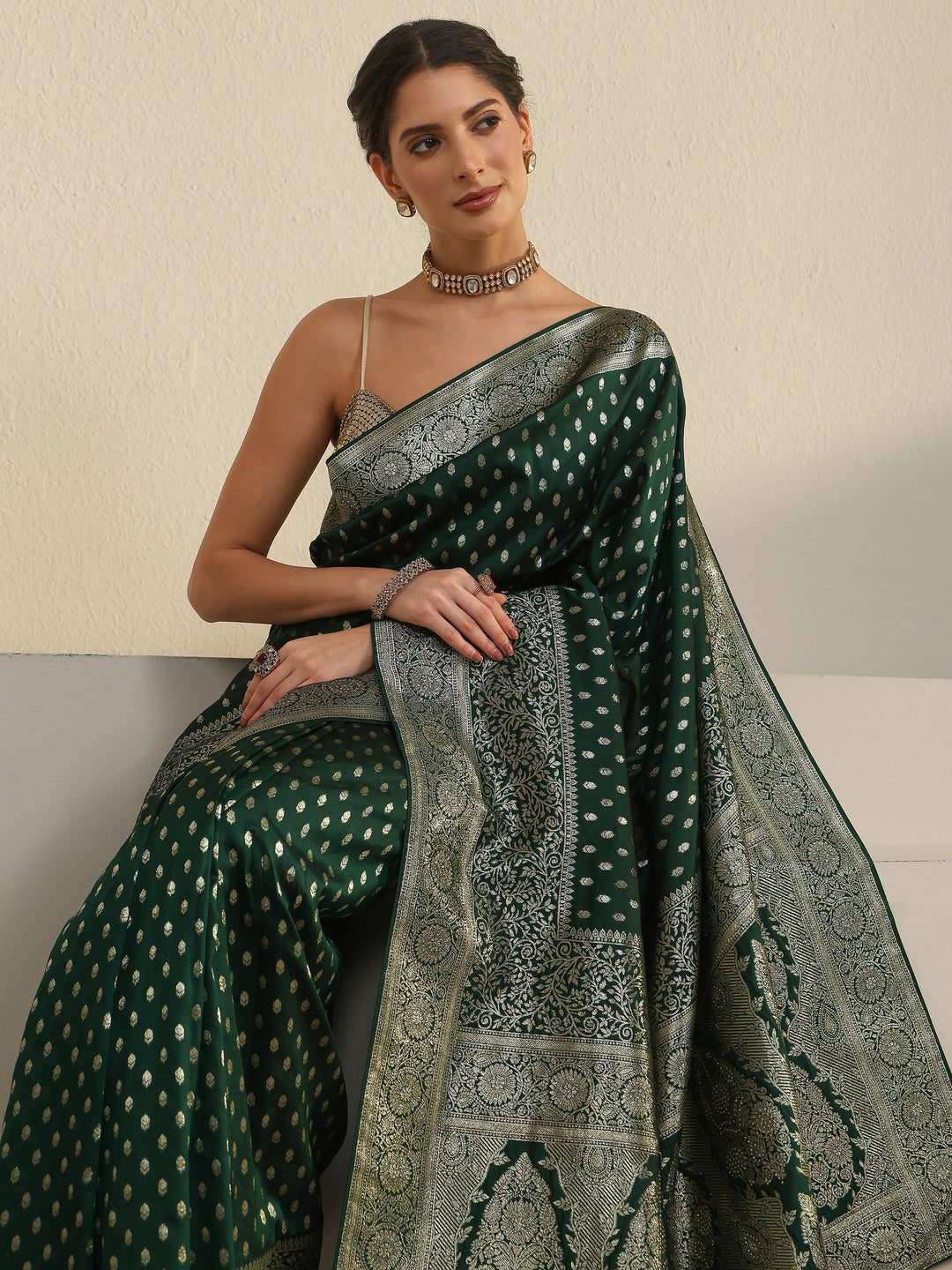 Libas Bottle Green Banarasi Silk Blend Saree