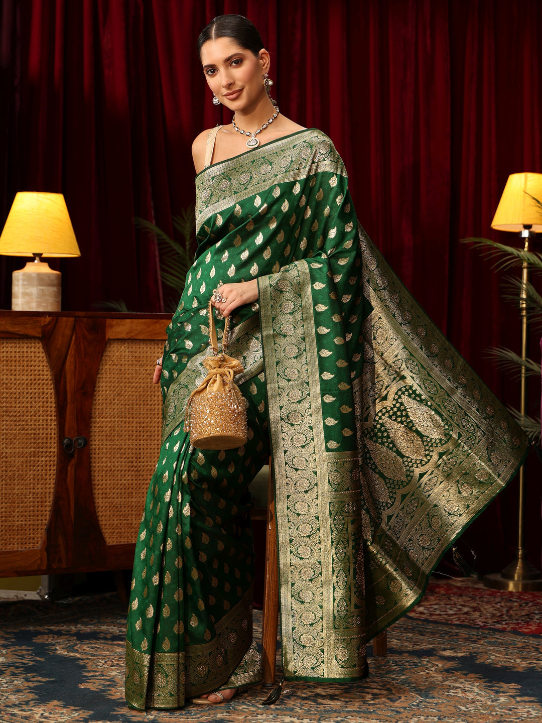 Libas Bottle Green Banarasi Silk Blend Saree with Stone Work