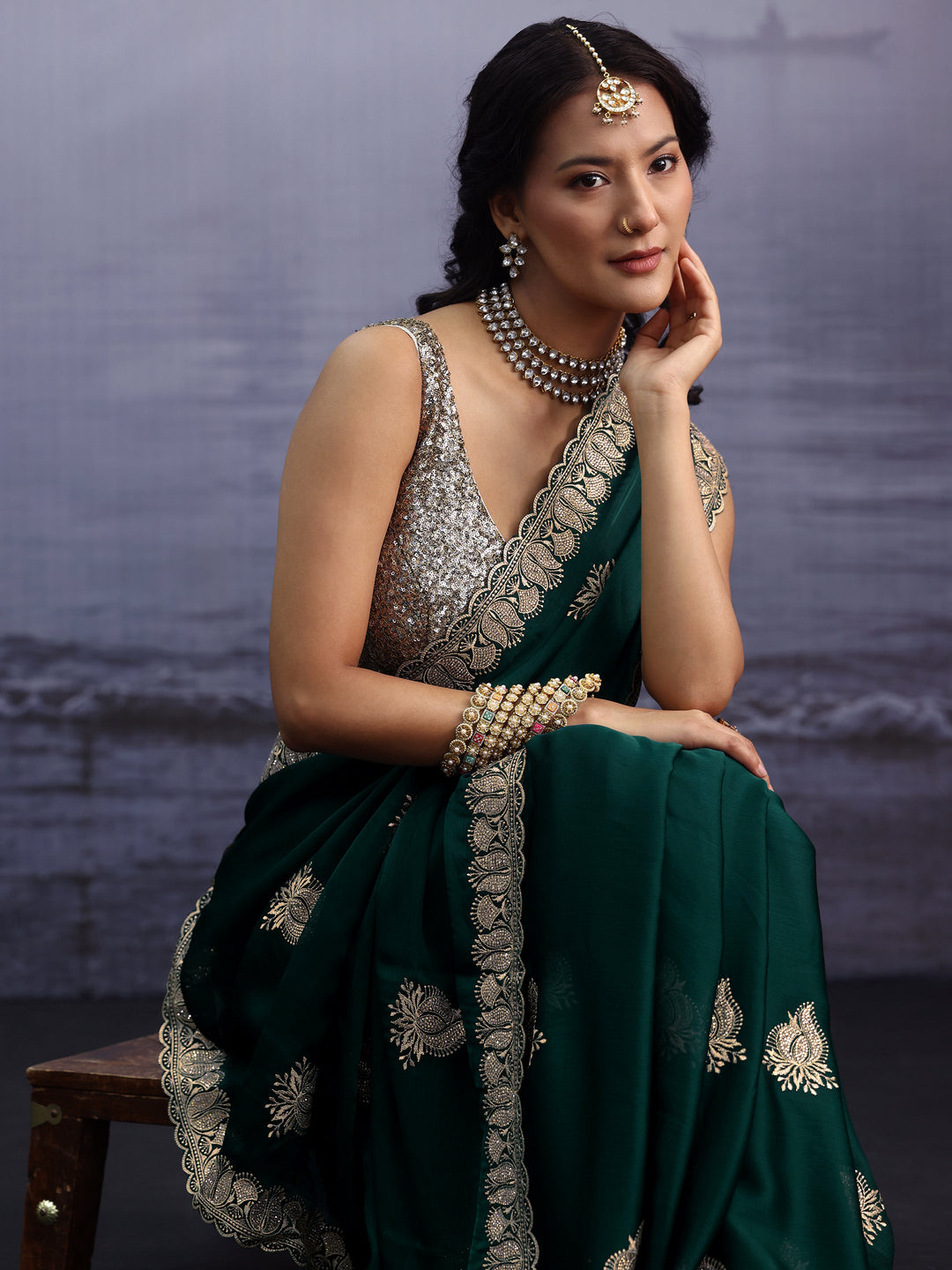 Libas Bottle Green Embroidered Chiffon Saree with Scalloped Border