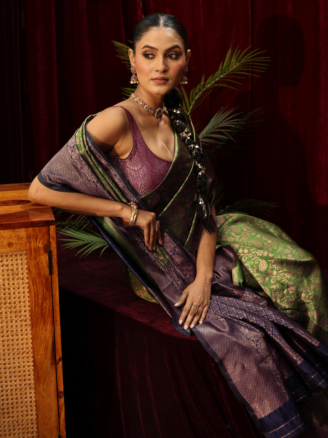 Libas Bottle Green Floral Woven Design Silk Blend Saree
