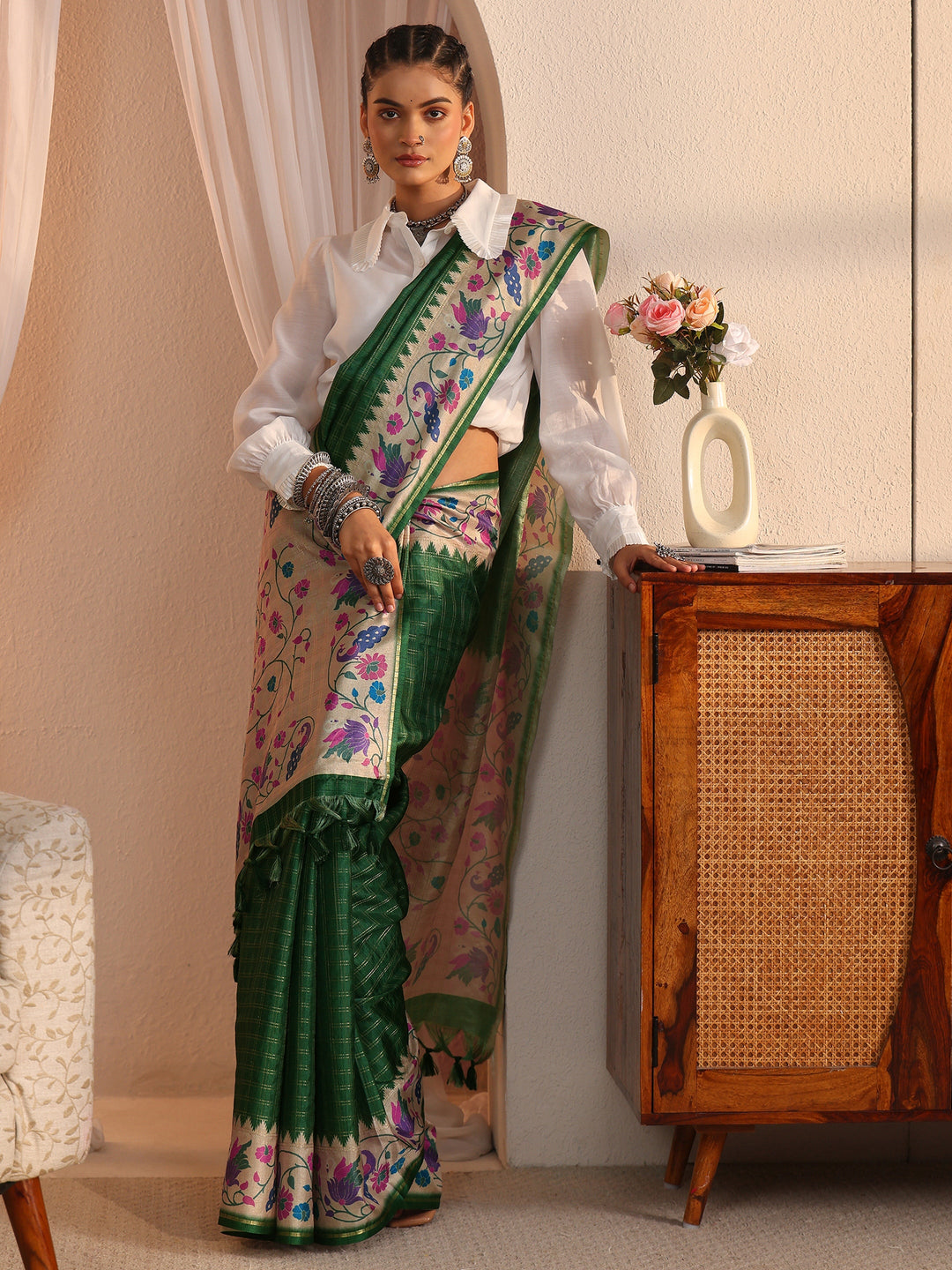 Libas Bottle Green Paithani Silk Blend Tassel Saree