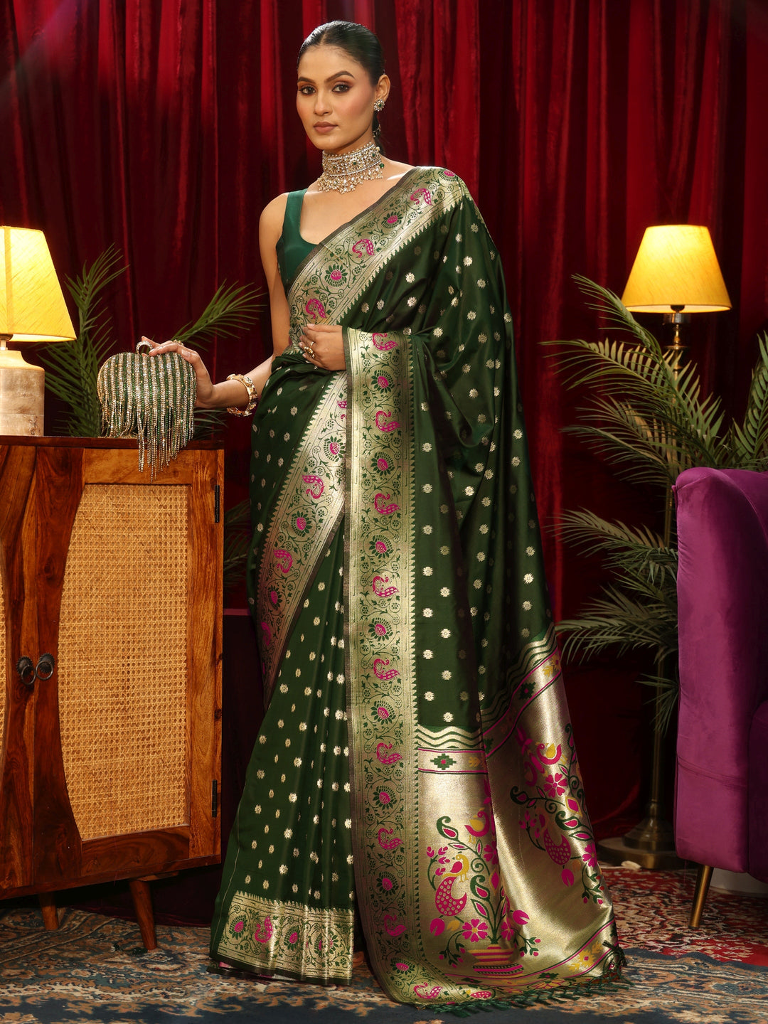 Libas Bottle Green Silk Blend Paithani Tassel Saree