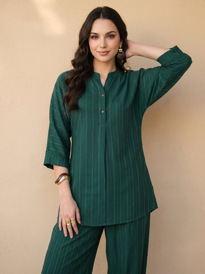 Libas Bottle Green Striped Rayon Co-Ord Set